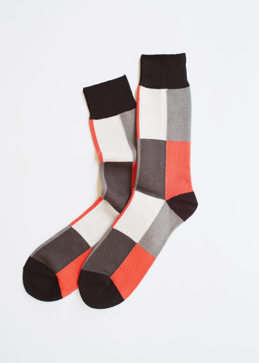 Rototo - 4 Panel Crew Sock, Black / Grey/ Light Red