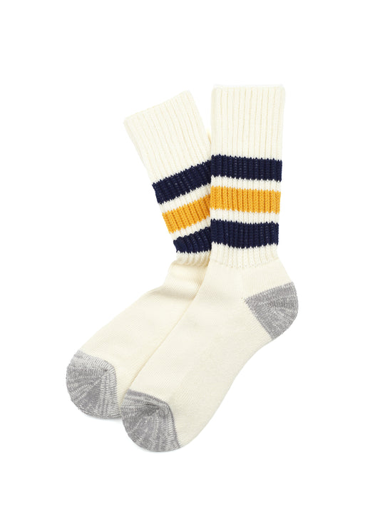 Rototo - Coarse Ribbed Oldschool Crew Socks, Navy / Yellow