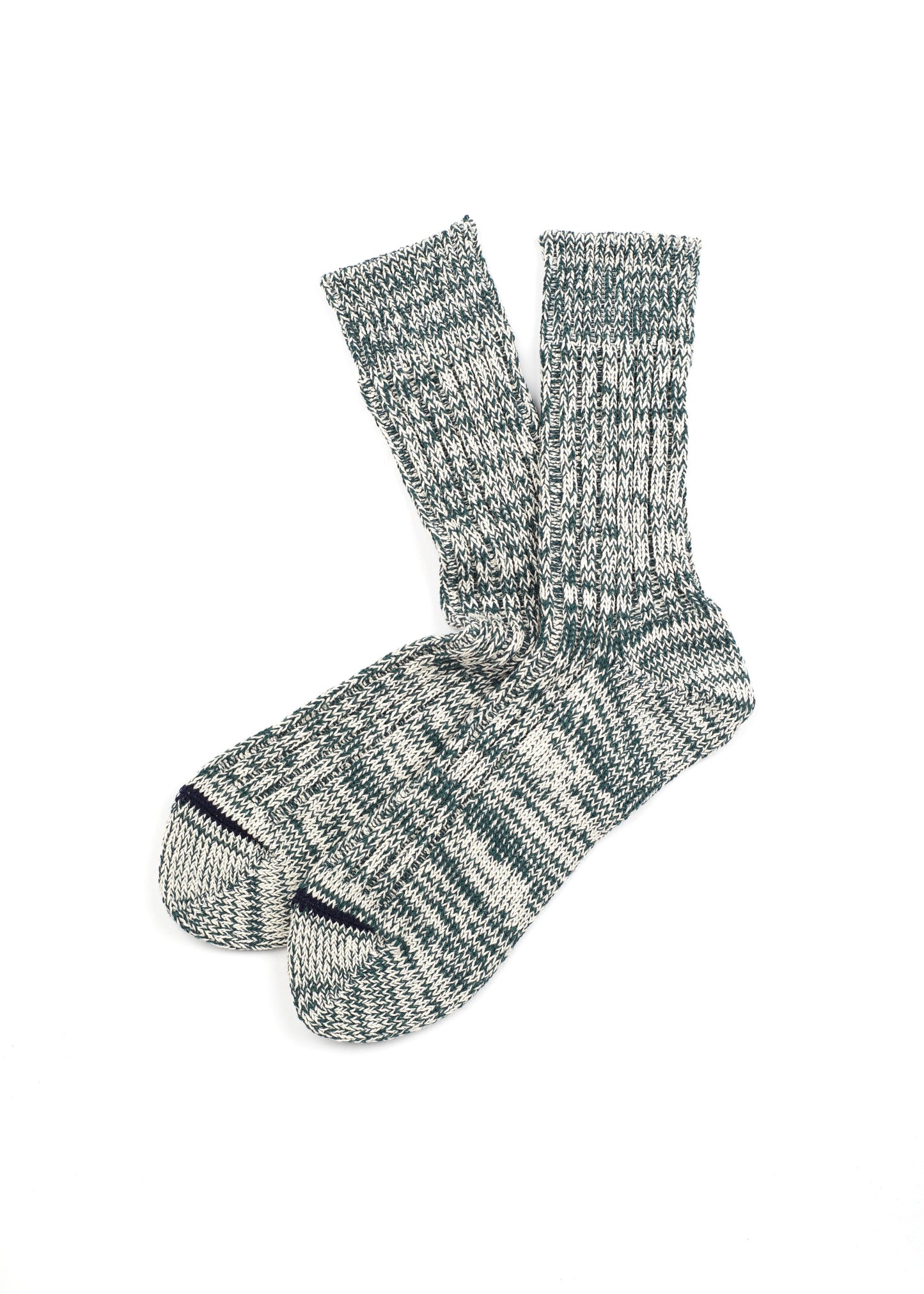 Rototo - Recycle Cotton Ribbed Crew Sock, Dark Green / Ivory