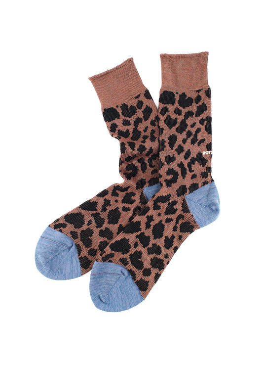 Rototo - Leopard Print Crew Sock, Brown / Light Blue