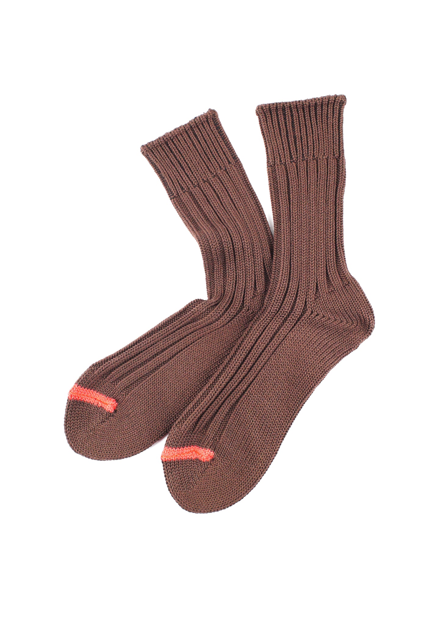 Rototo - Chunky Ribbed Crew Sock, Brown / Poppy