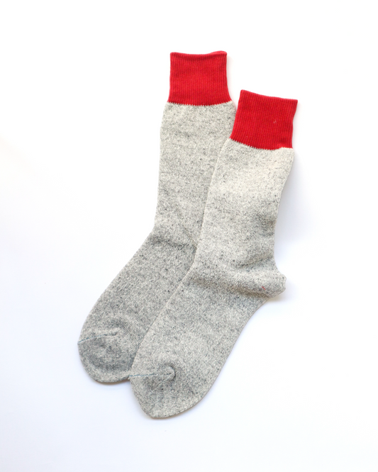 Rototo - Silk/Cotton Double Face Crew Socks, Red / Light Gray