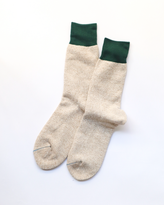 Rototo - Silk/Cotton Double Face Crew Socks, Green / Beige