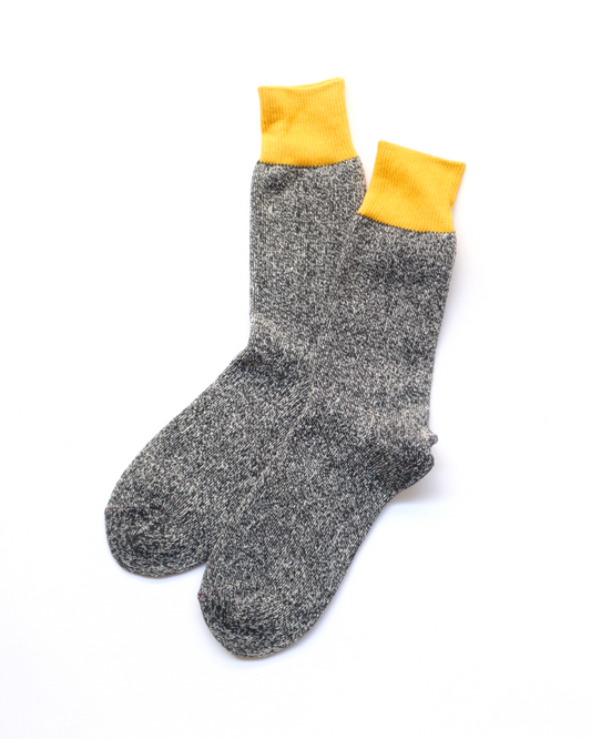Rototo - Silk/Cotton Double Face Crew Socks, Yellow / Charcoal