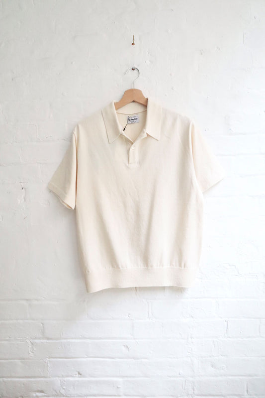 SUNNYSIDERS_YONETOMI_Yonetomi - Light Wave Cotton Knit Polo, Ecru_knitwear