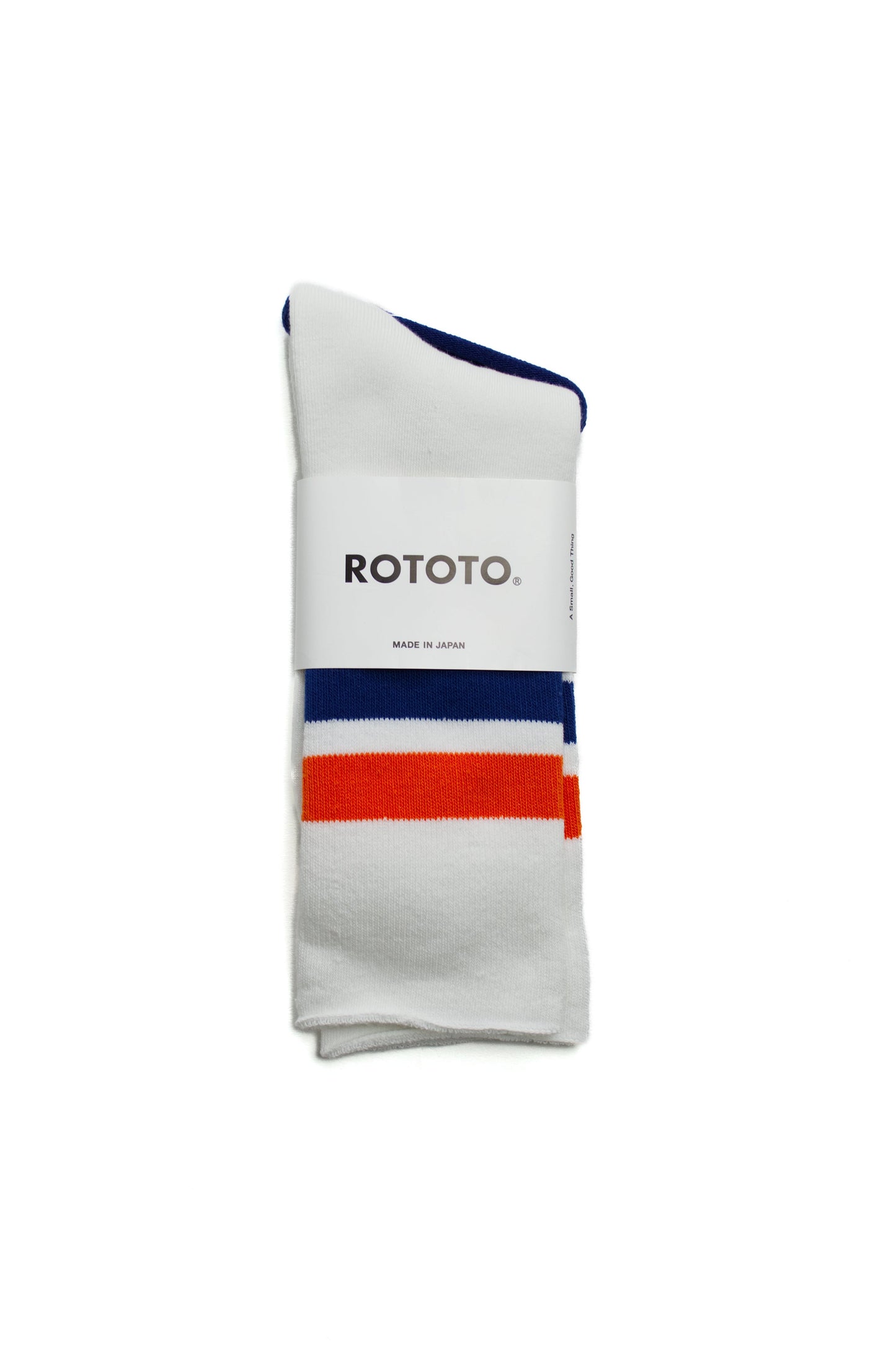 Rototo - Fine Pile Striped Crew Socks, White / Orange / Dark Blue