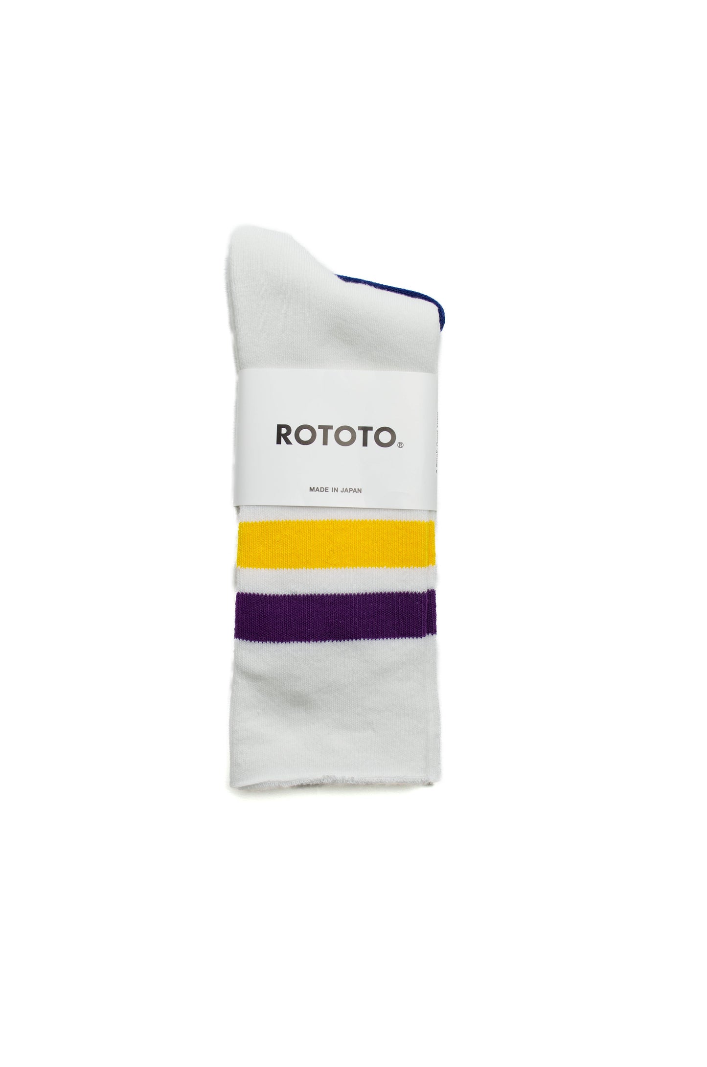 Rototo - Fine Pile Striped Crew Socks, White / Purple / Yellow