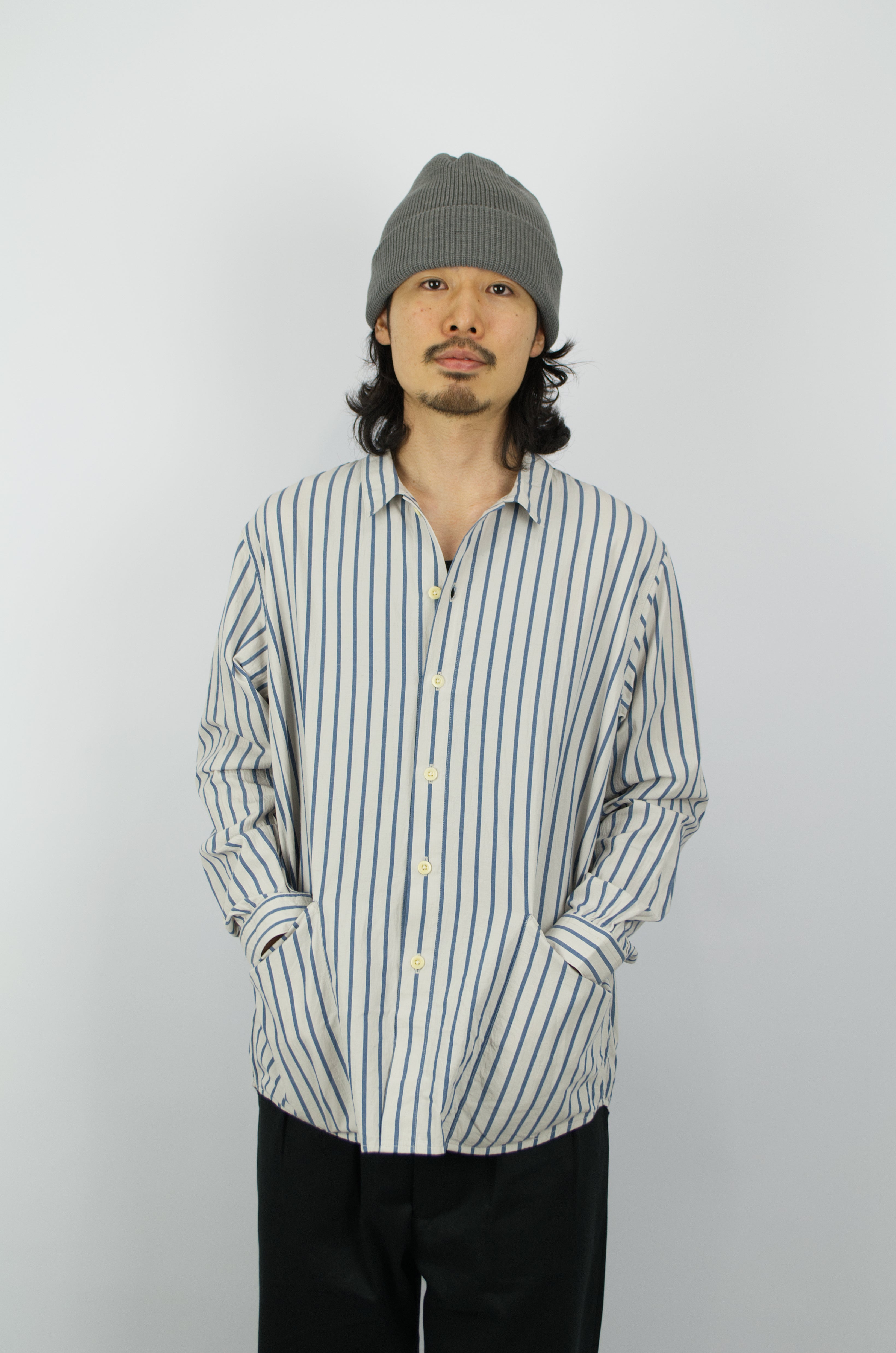 A VONTADE Apron Shirts L/S [VTD-0366-SH] SAND×BLUE STRIPE