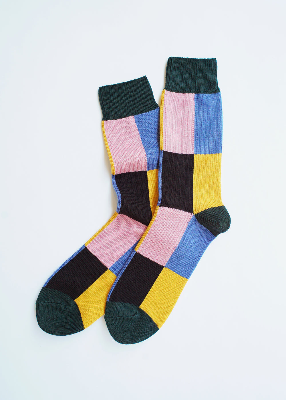 Rototo - 4 Panel Crew Sock, Dark Green / Light Blue / Yellow