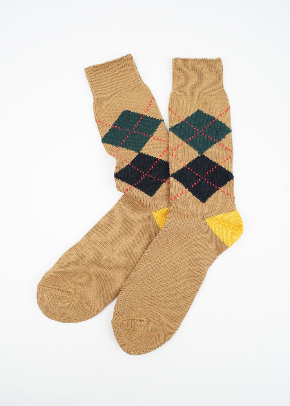 Rototo - Argyle Crew Socks, Cinnamon / Yellow