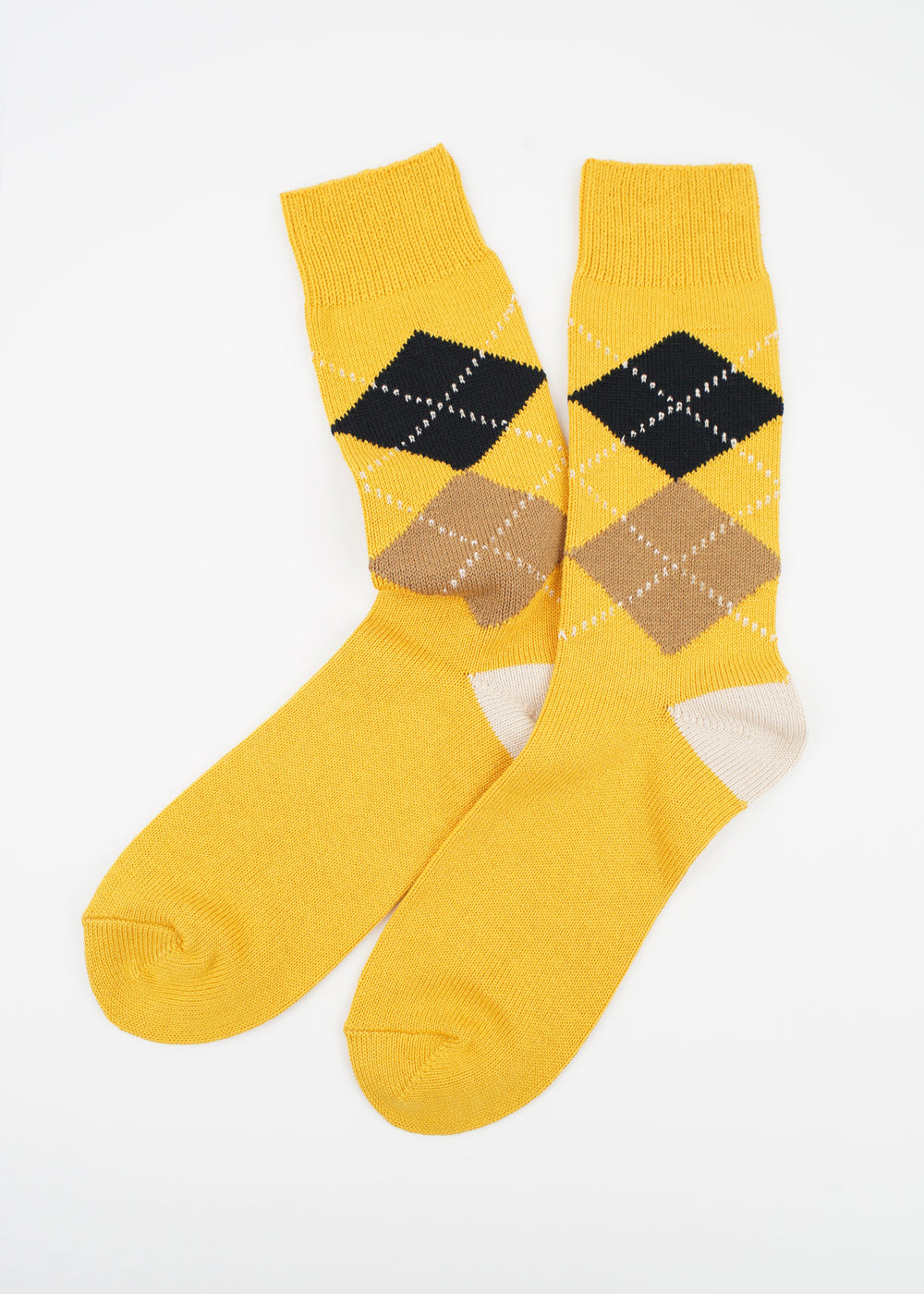 Rototo - Argyle Crew Socks, Yellow / Ivory