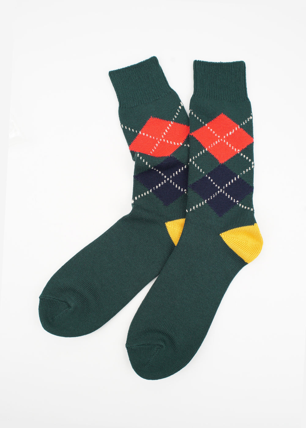 Rototo - Argyle Crew Socks, Dark Green / Yellow