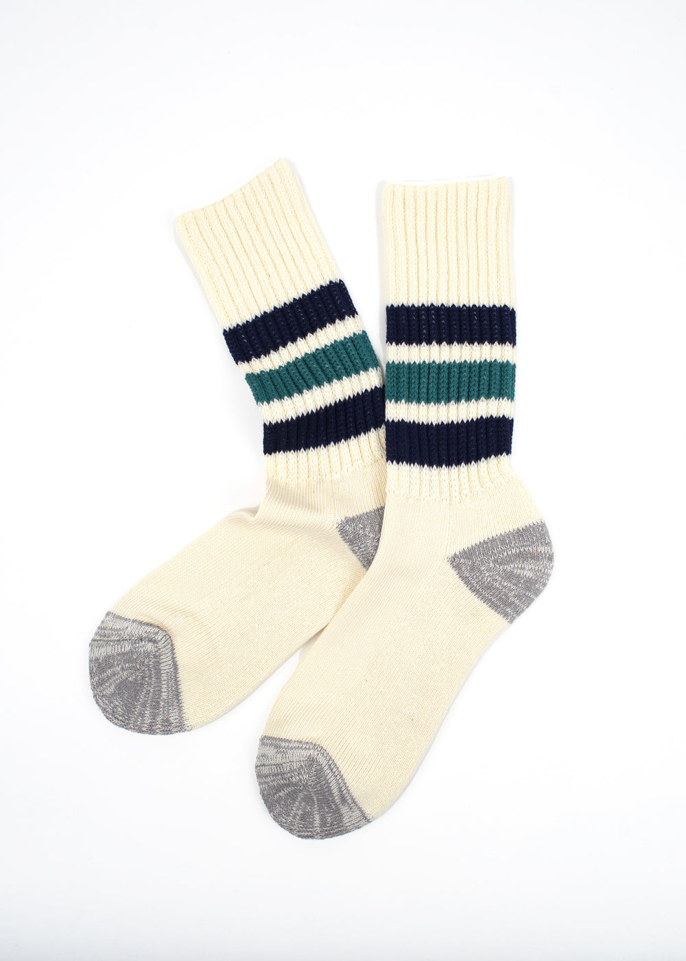 Rototo - Coarse Ribbed Oldschool Crew Socks, Navy / Teal