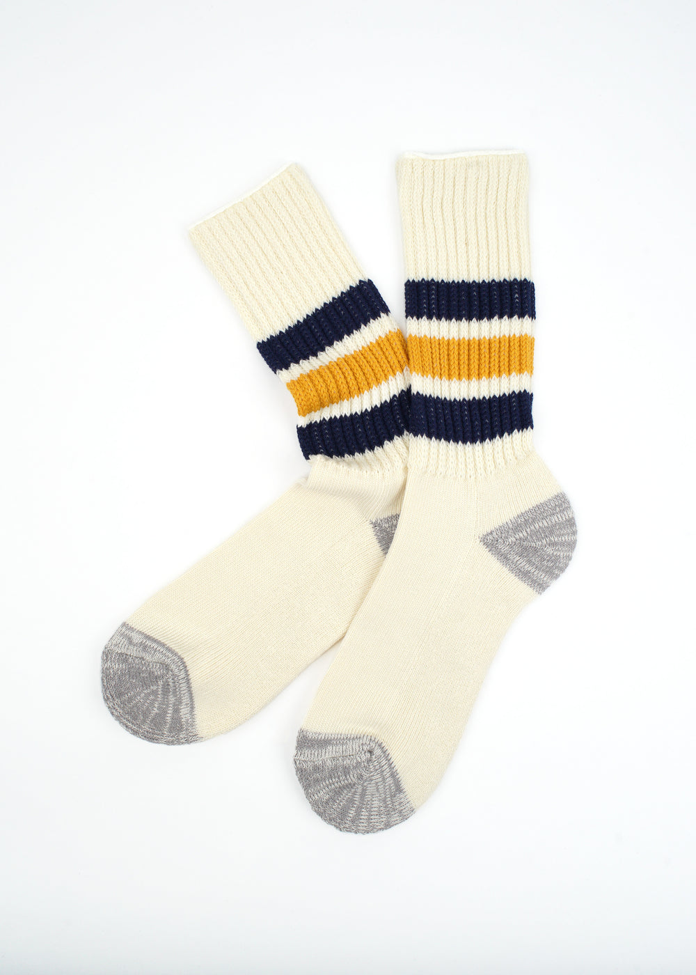 SUNNYSIDERS_ROTOTO_Rototo - Coarse Ribbed Oldschool Crew Socks, Navy / Yellow_Socks