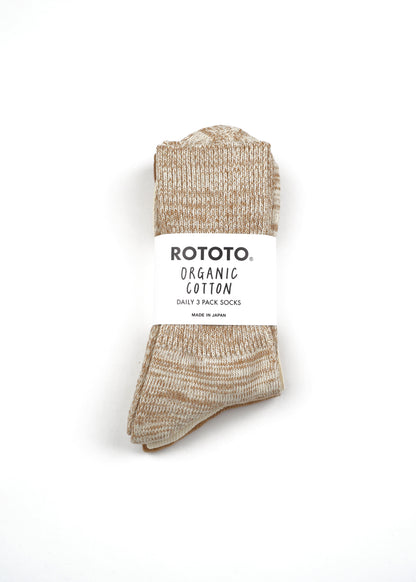 SUNNYSIDERS_ROTOTO_Rototo - Organic Daily 3 Pack Crew Socks, Ecru / Brown_Socks