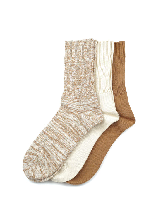 SUNNYSIDERS_ROTOTO_Rototo - Organic Daily 3 Pack Crew Socks, Ecru / Brown_Socks