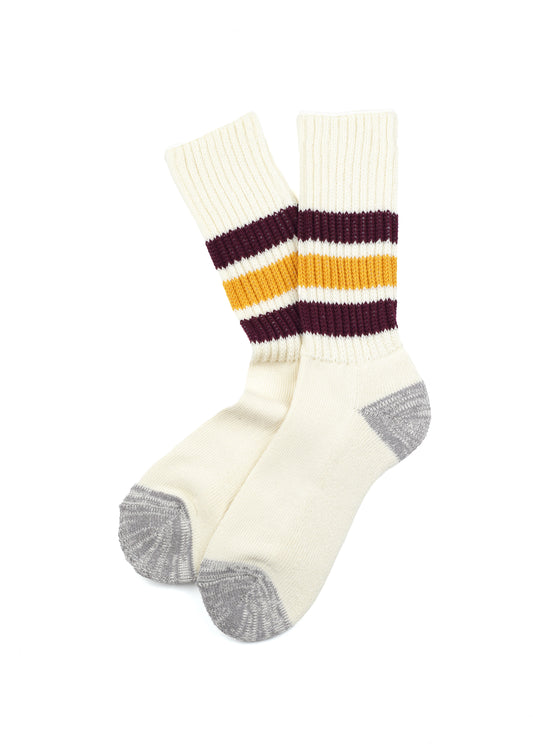 Rototo - Coarse Ribbed Oldschool Crew Socks, Bordeaux / Yellow