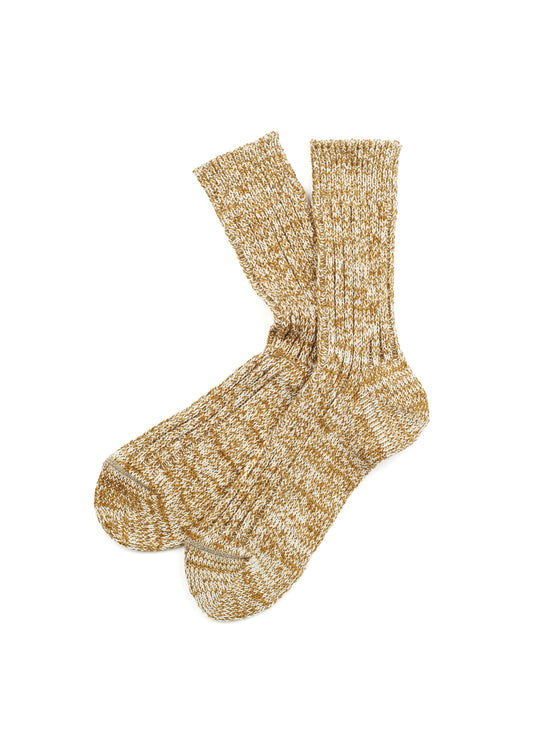 Rototo - Recycle Cotton Ribbed Crew Sock, Mustard / Ivory