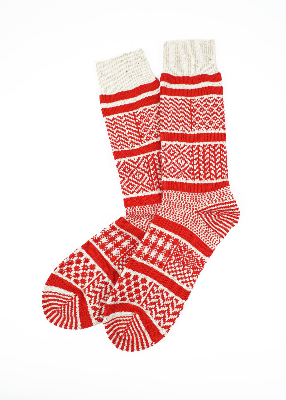 Rototo - Multi Jacquard Crew Socks - Ivory / Red