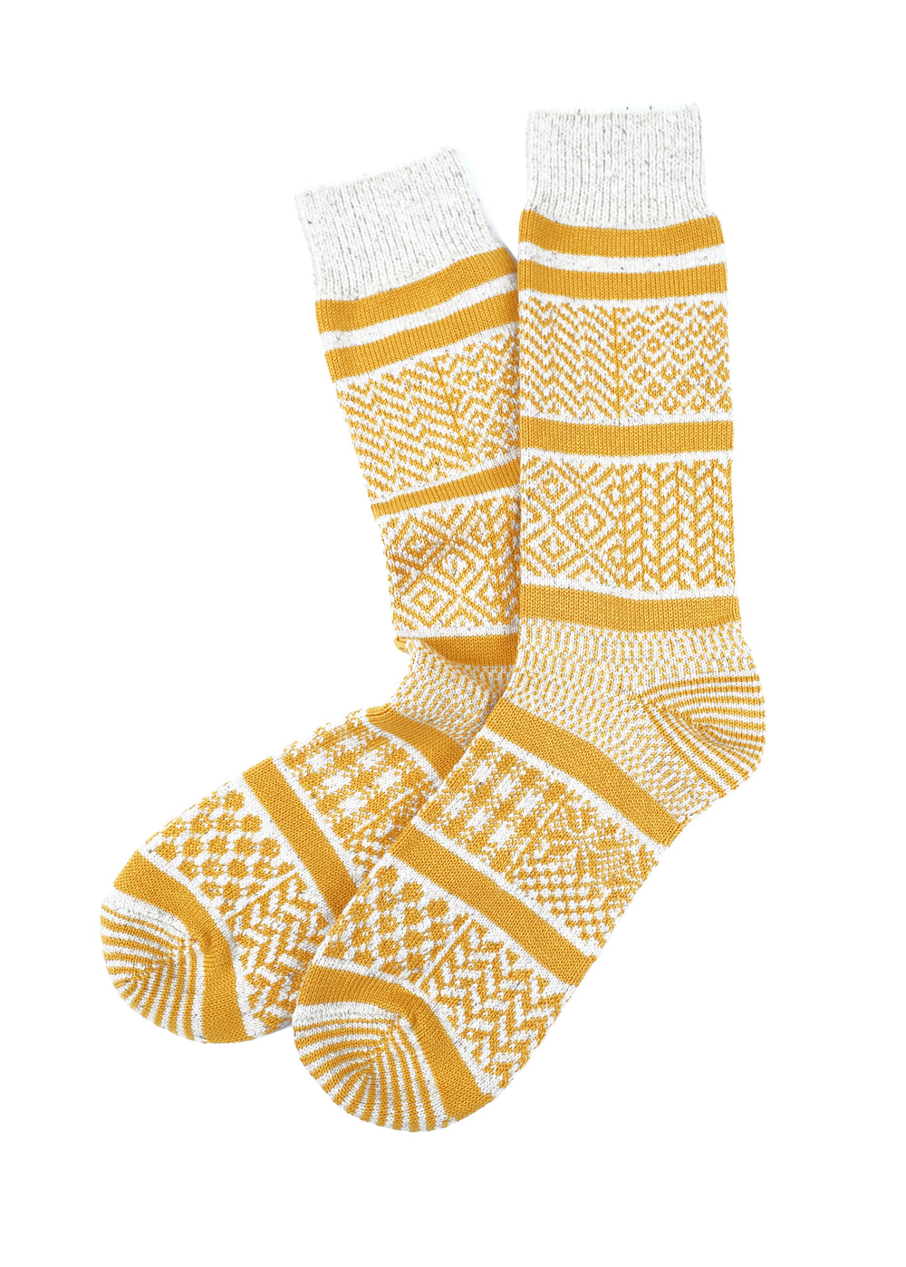 Rototo - Multi Jacquard Crew Socks - Ivory / Yellow