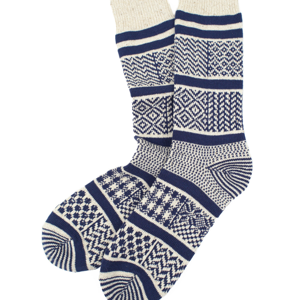 SUNNYSIDERS_ROTOTO_Rototo - Multi Jacquard Crew Socks - Ivory / Navy_Socks