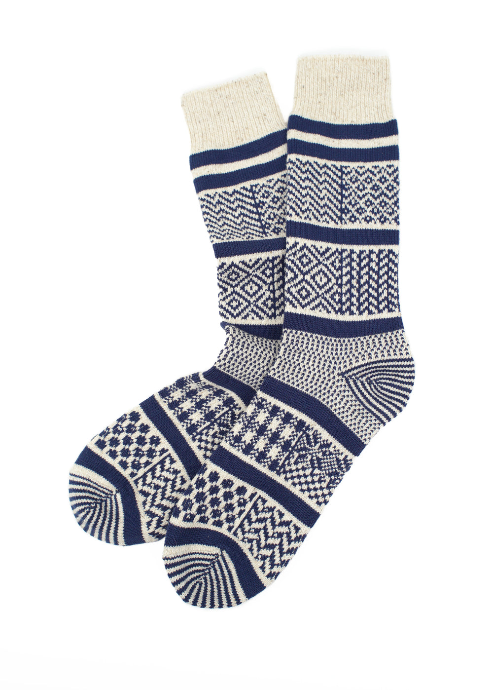 SUNNYSIDERS_ROTOTO_Rototo - Multi Jacquard Crew Socks - Ivory / Navy_Socks