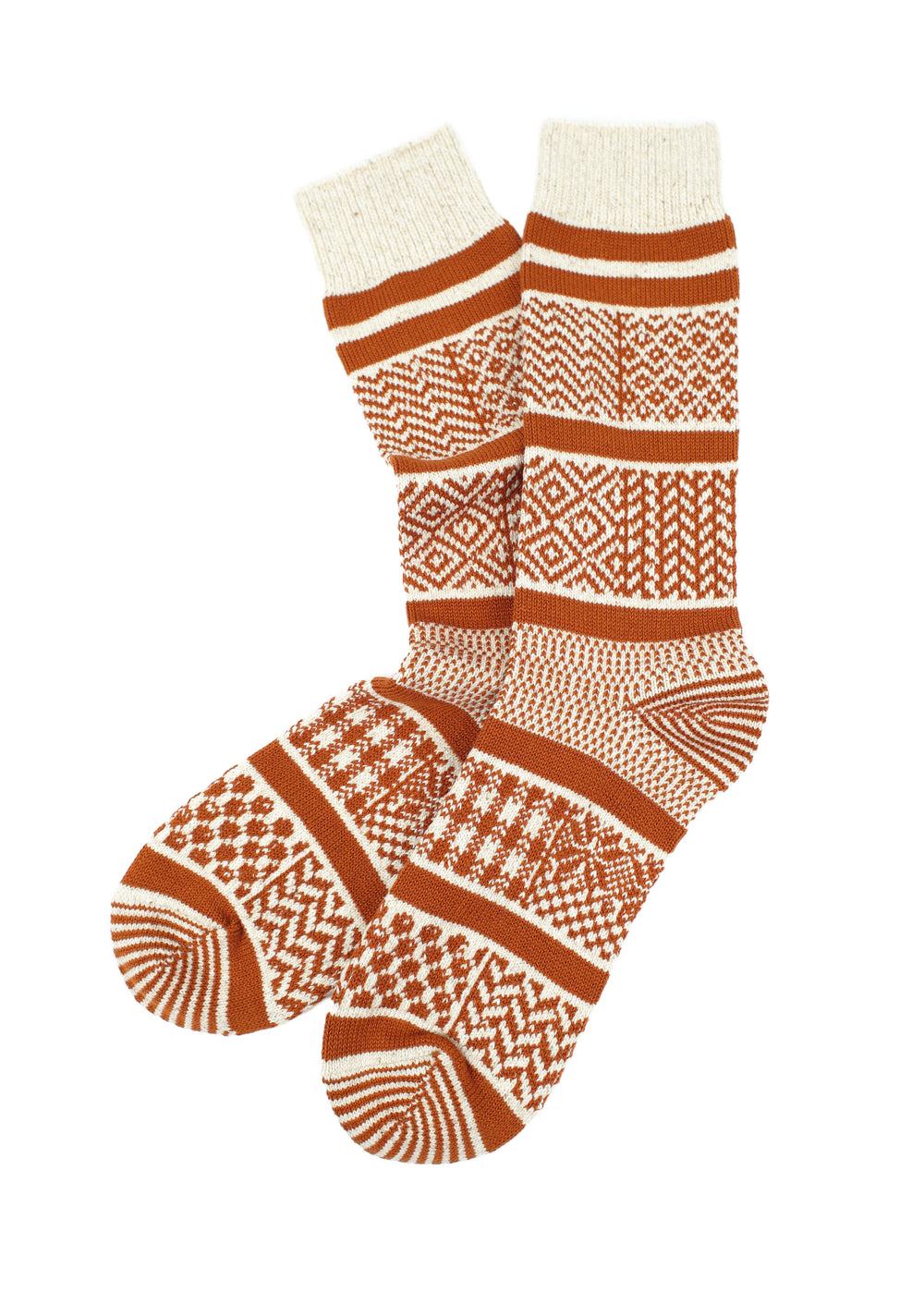 Rototo - Multi Jacquard Crew Socks - Ivory / Rust