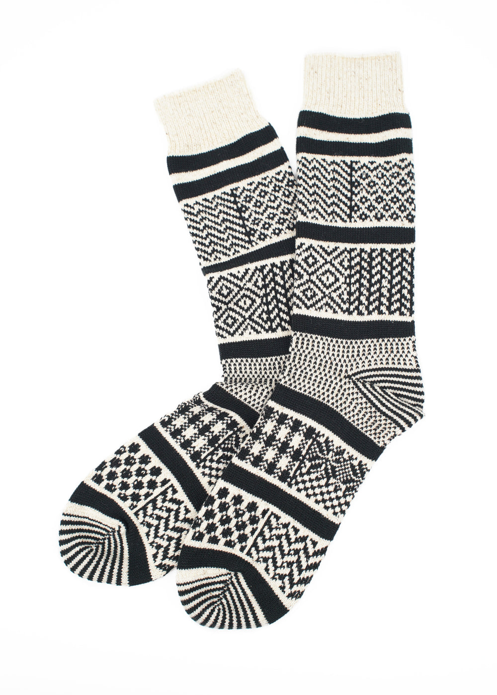 Rototo - Multi Jacquard Crew Socks - Ivory / Black