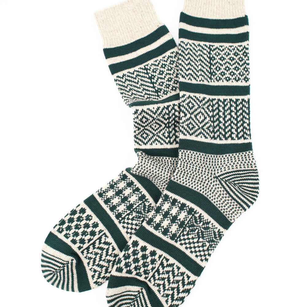 SUNNYSIDERS_ROTOTO_Rototo - Multi Jacquard Crew Socks - Ivory / Dark Green_Socks