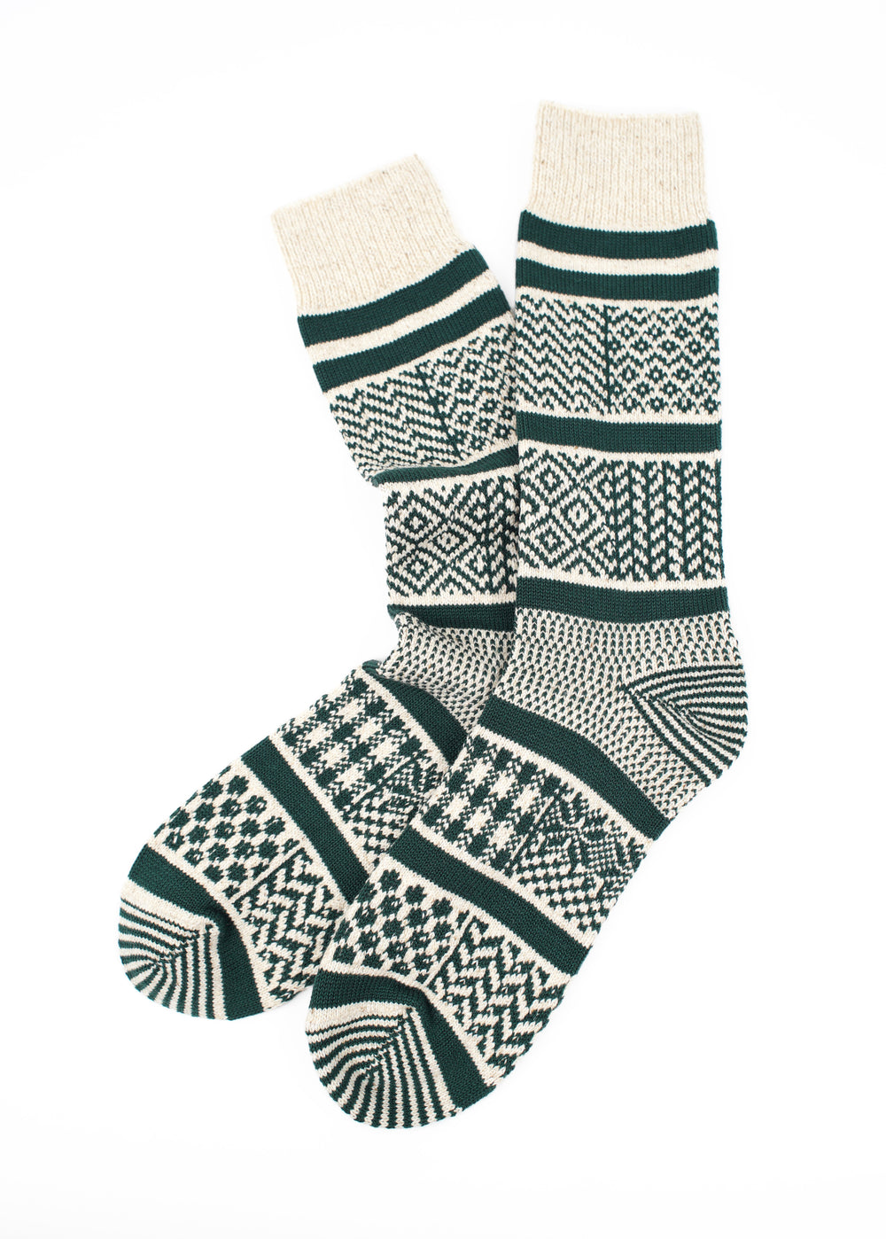 SUNNYSIDERS_ROTOTO_Rototo - Multi Jacquard Crew Socks - Ivory / Dark Green_Socks