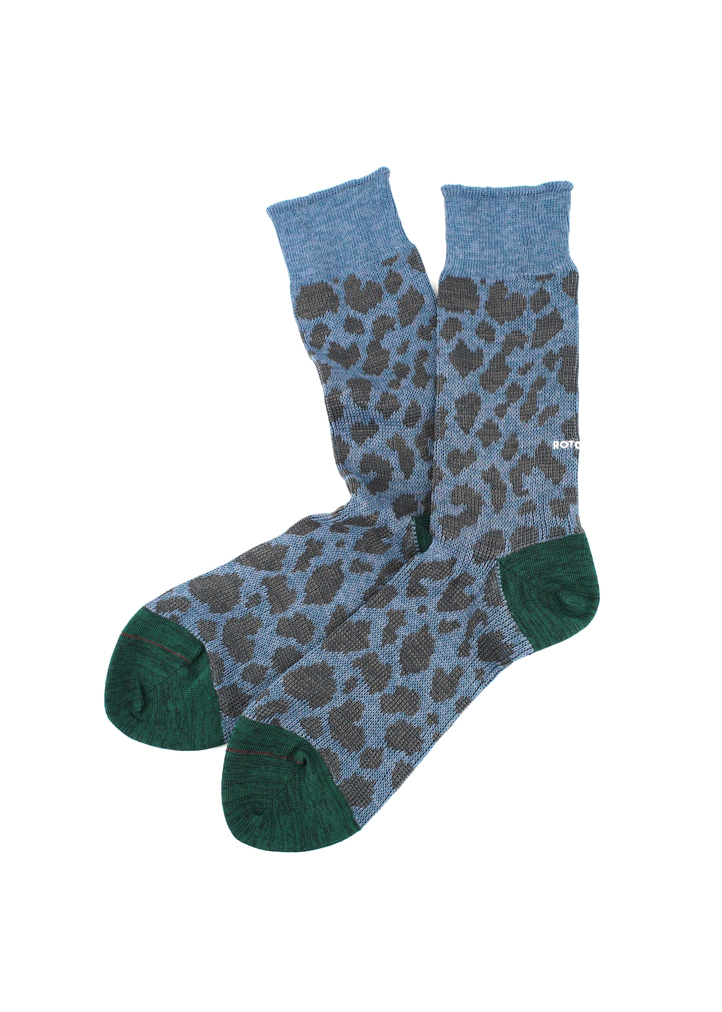 Rototo - Leopard Print Crew Sock, Light Blue / Dark Green