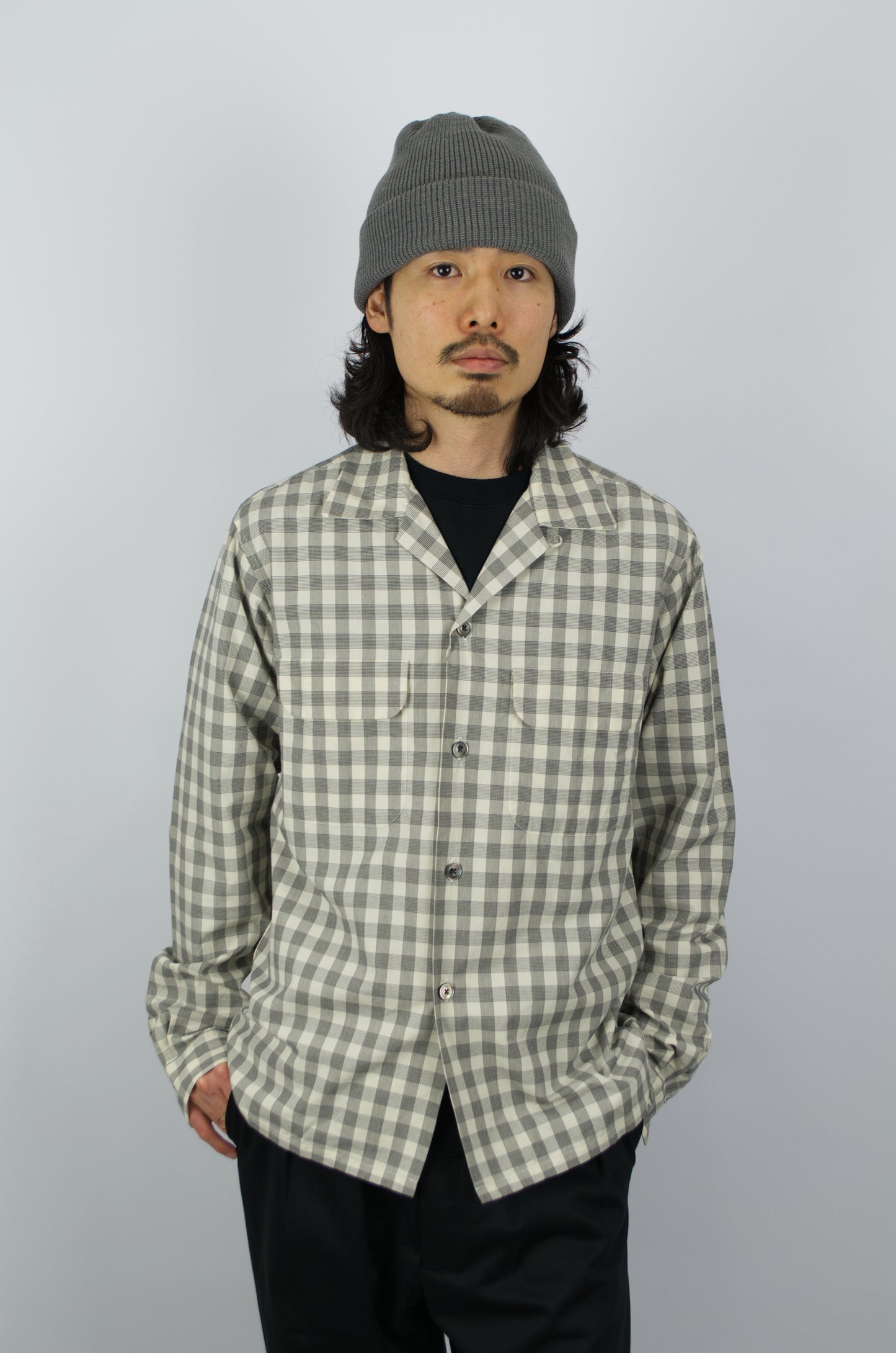 Fujito - Open Collar Shirt, White Check