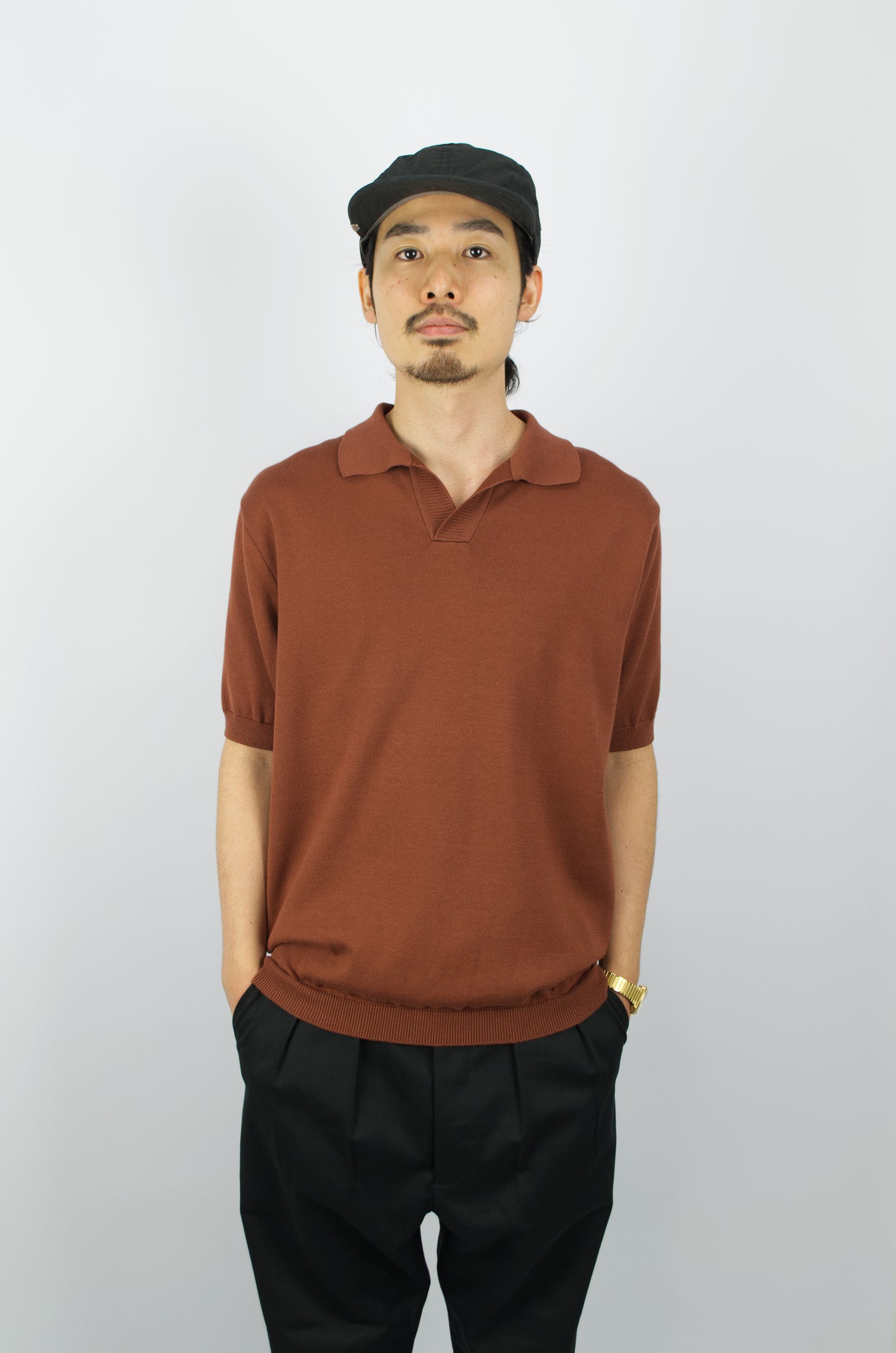 Fujito - Skipper Knit Polo. Brown