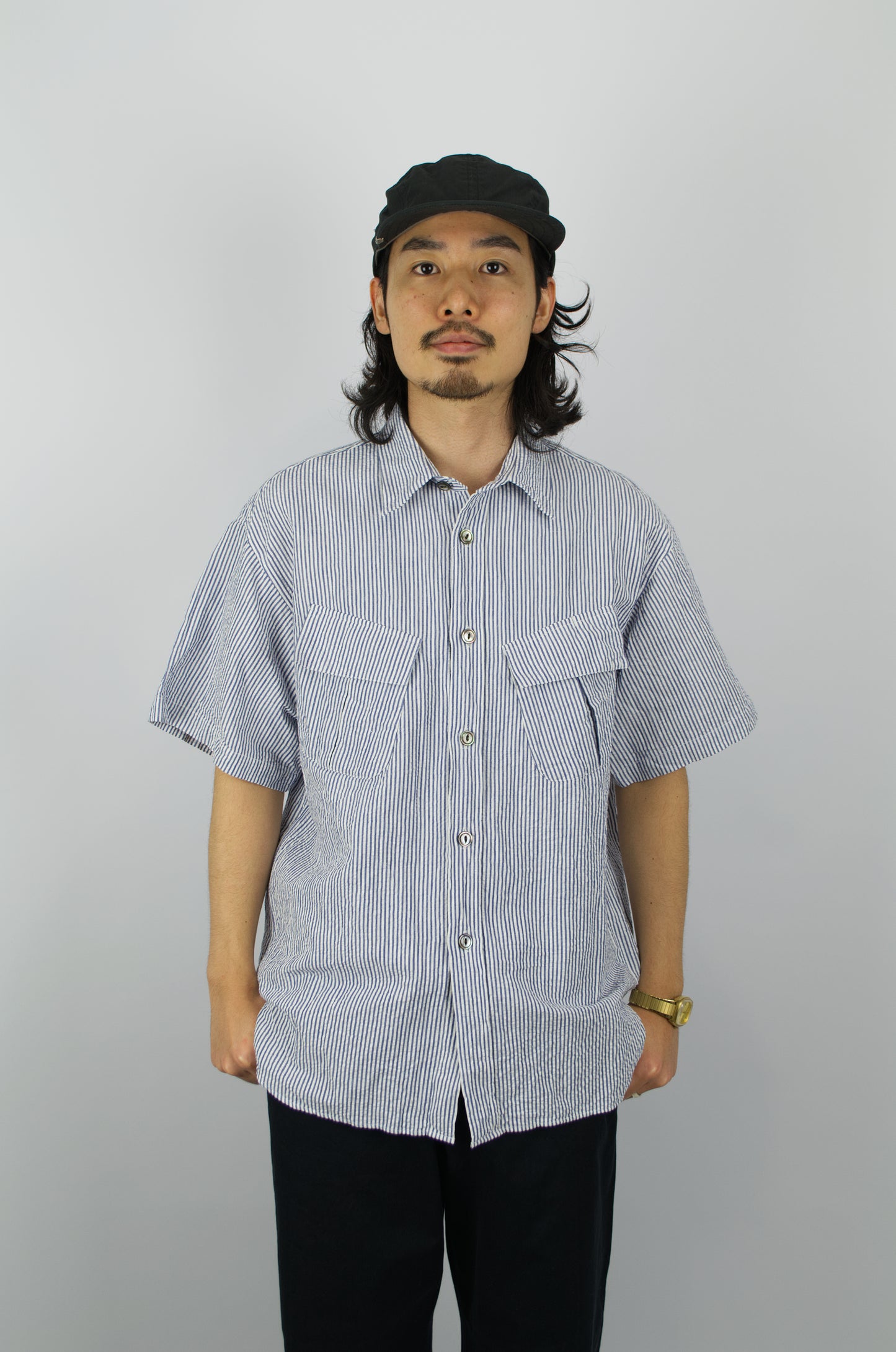Fujito - Short Sleeve Fatigue Shirt, Navy Stripe