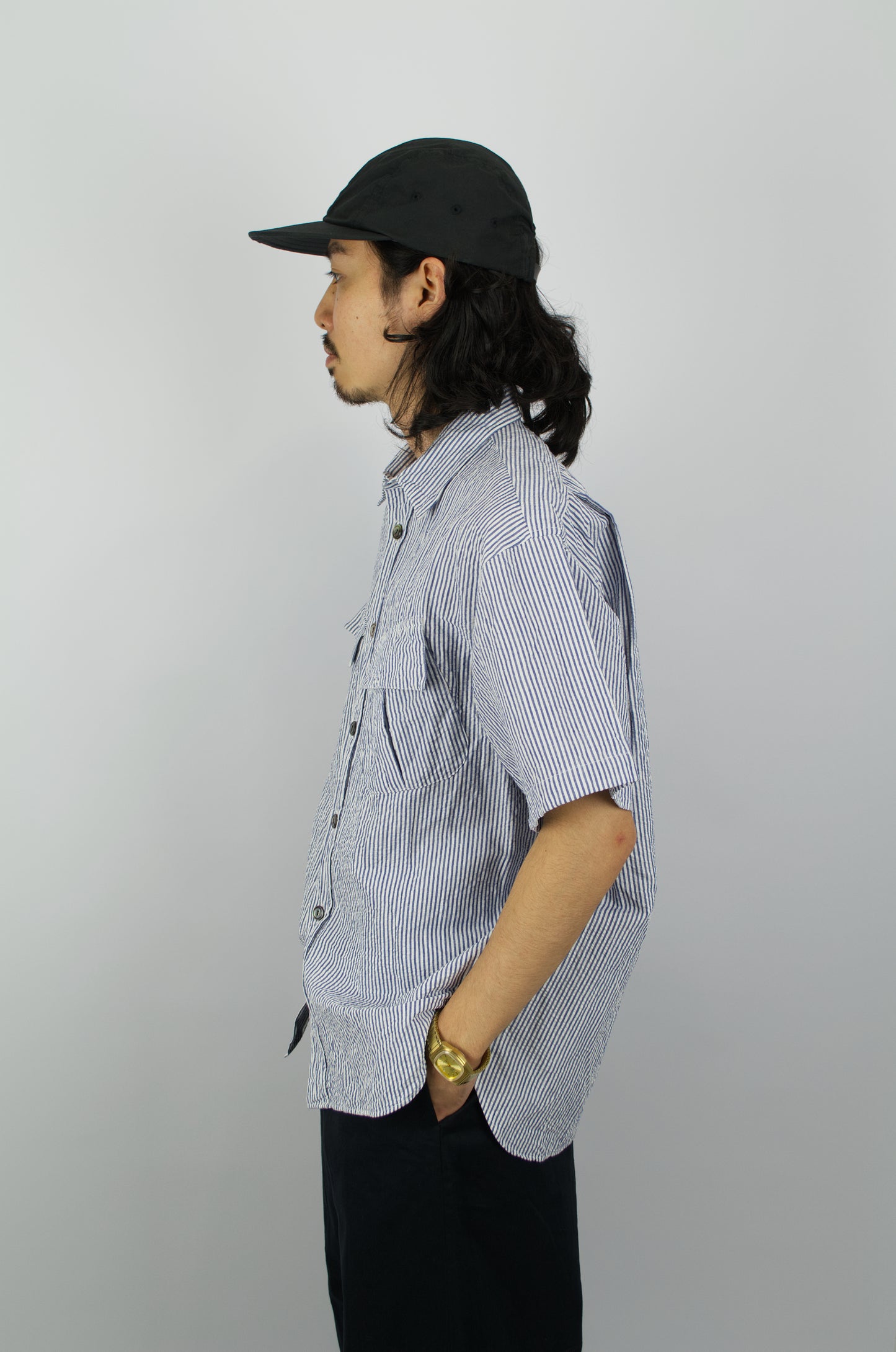 Fujito - Short Sleeve Fatigue Shirt, Navy Stripe