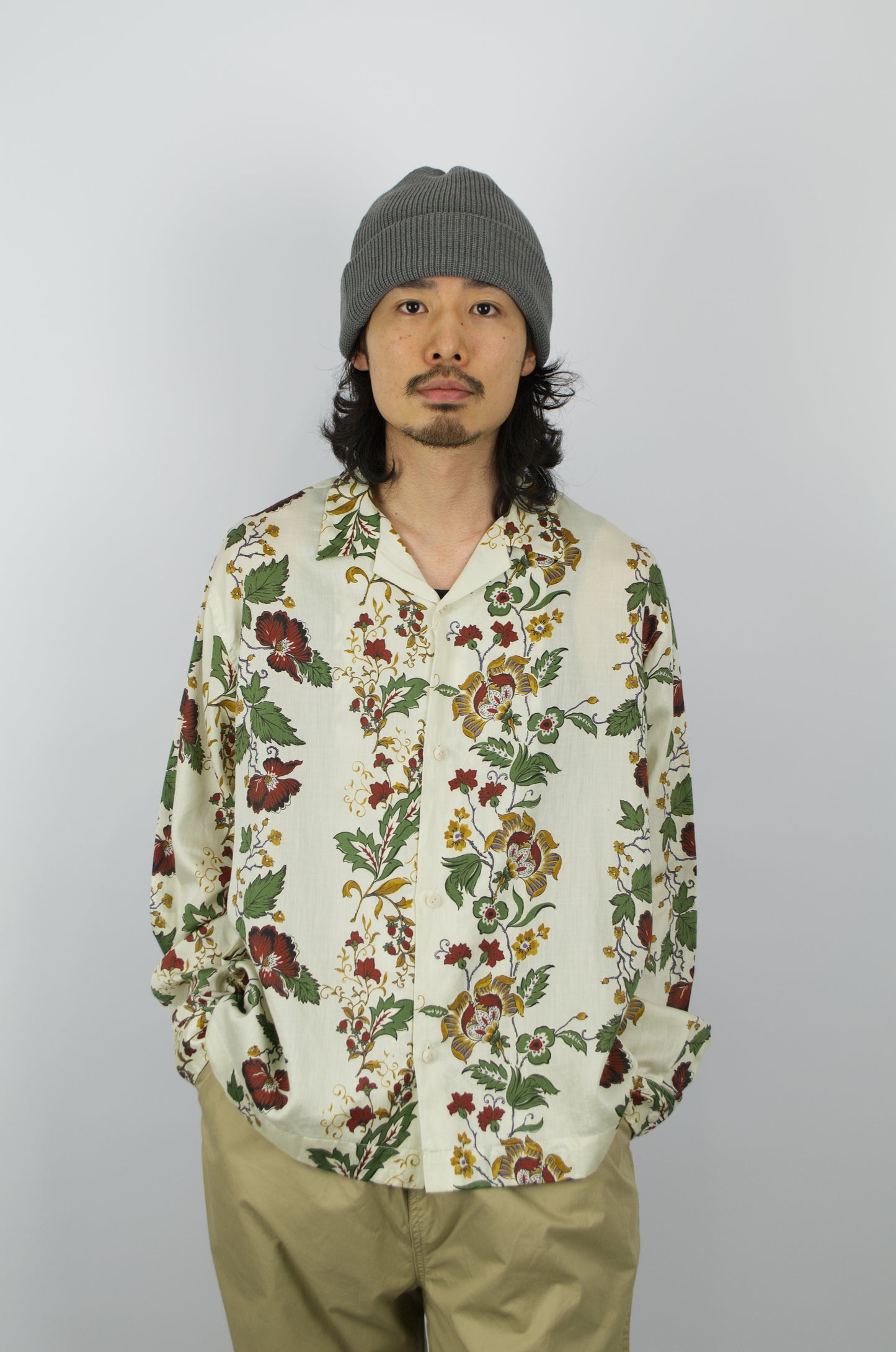 H.Unit - Open Collar Shirt, White Flowers