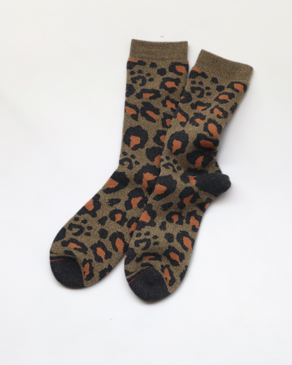 Rototo - Pile Leopard Crew Socks, Dark Olive