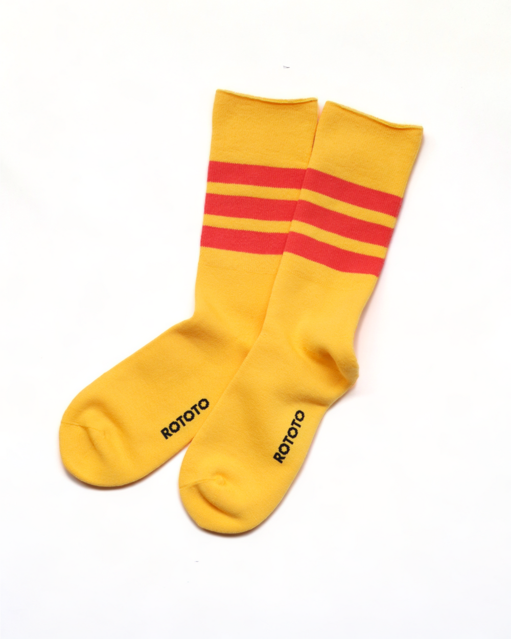 Rototo - Fine Pile Striped Crew Socks, Yellow / Poppy