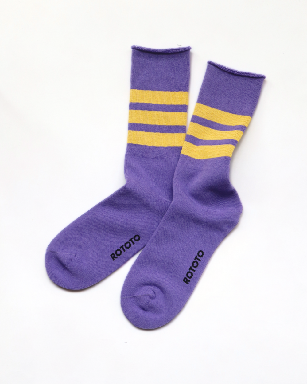 Rototo - Fine Pile Striped Crew Socks, Purple / Yellow