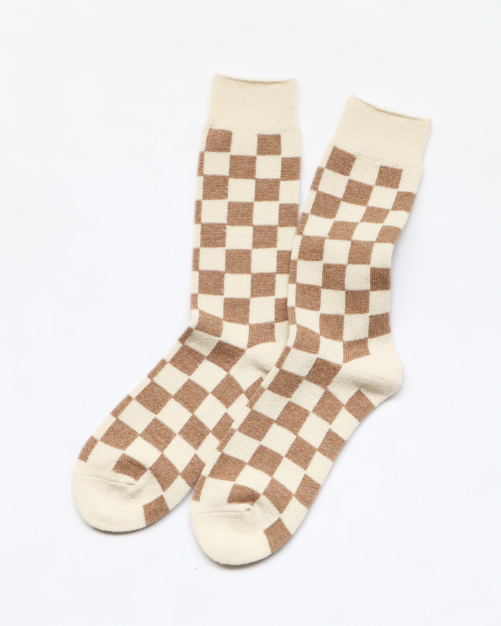R1379 RECYCLE WOOL CHECKERBOARD CREW SOCKS IVORY & CAMEL