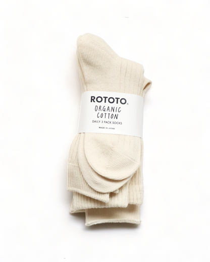 Rototo - Organic Daily Crew Socks, 3 Pack Ecru