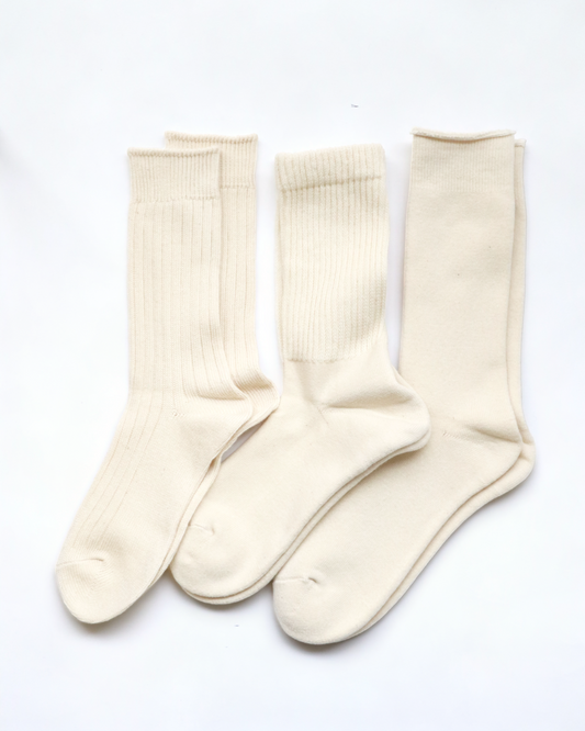 Rototo - Organic Daily Crew Socks, 3 Pack Ecru