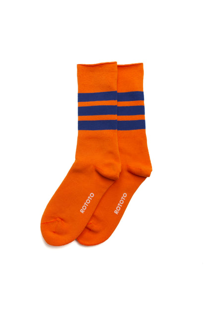 Rototo - Fine Pile Striped Crew Socks, Orange / Dark Blue