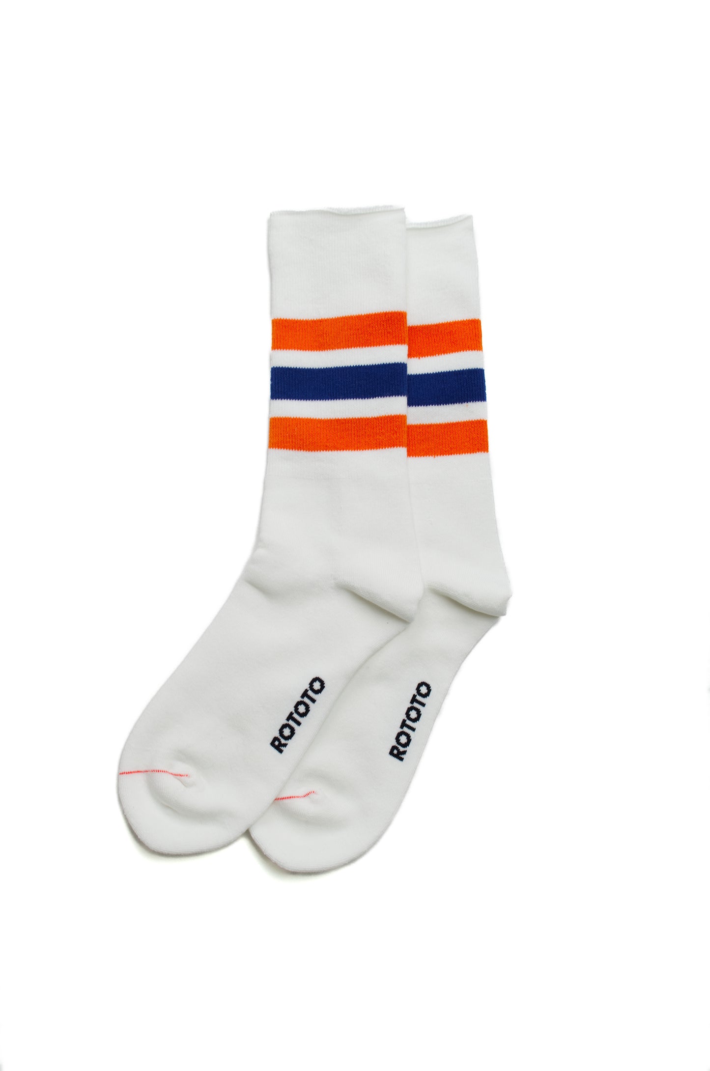 Rototo - Fine Pile Striped Crew Socks, White / Orange / Dark Blue