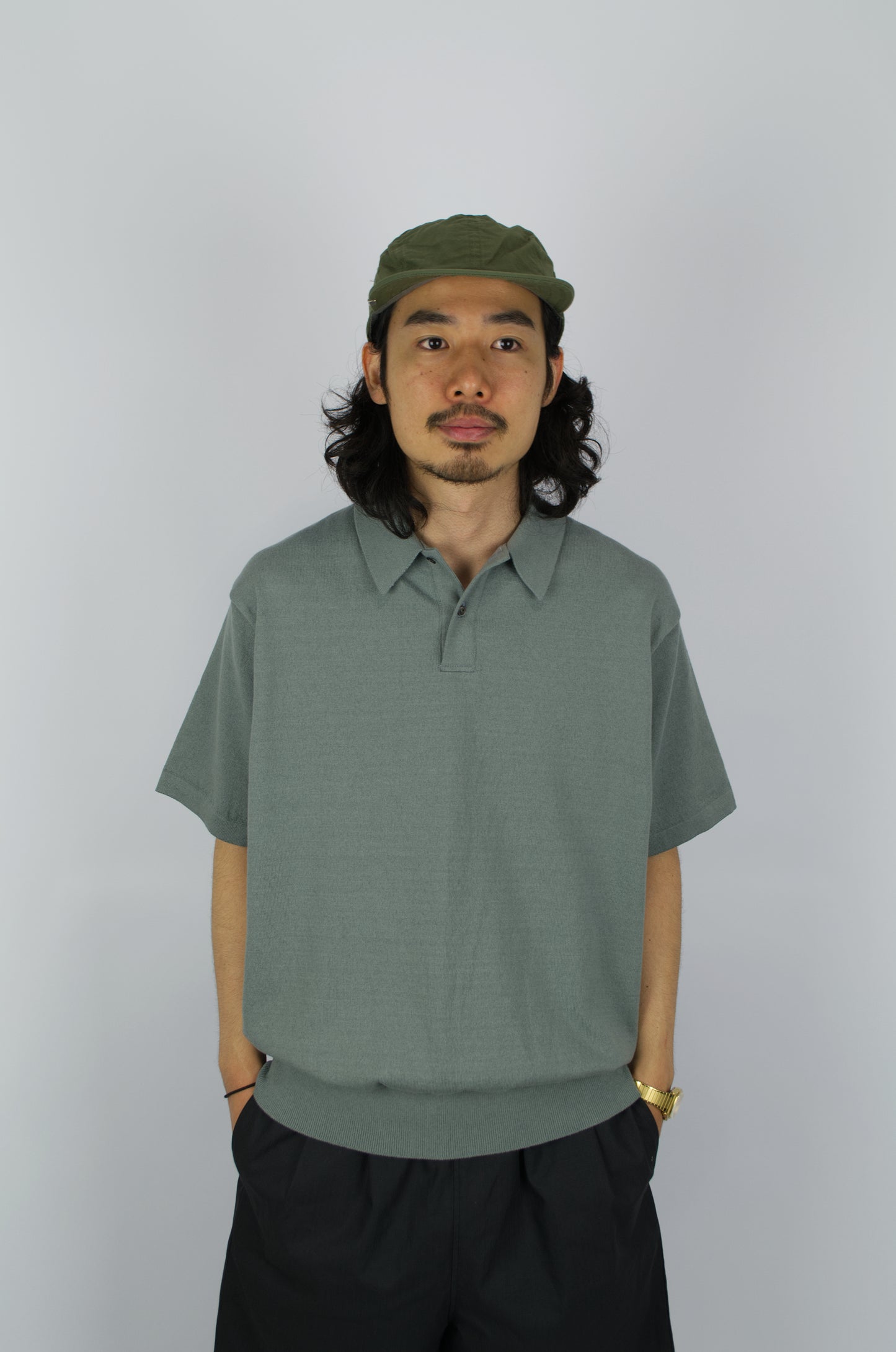 Yonetomi - Wave Cotton Polo, Blue Grey