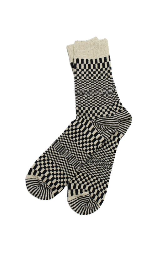 SUNNYSIDERS_ROTOTO_Rototo - Warped Checker Crew Socks, Black_Socks