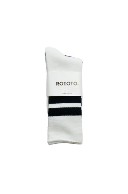 Rototo - Fine Pile Striped Crew Socks, White / Black
