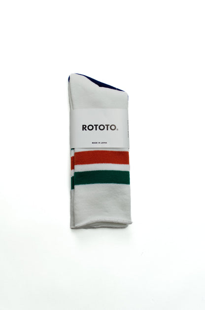 Rototo - Fine Pile Striped Crew Socks, White / Green / Orange