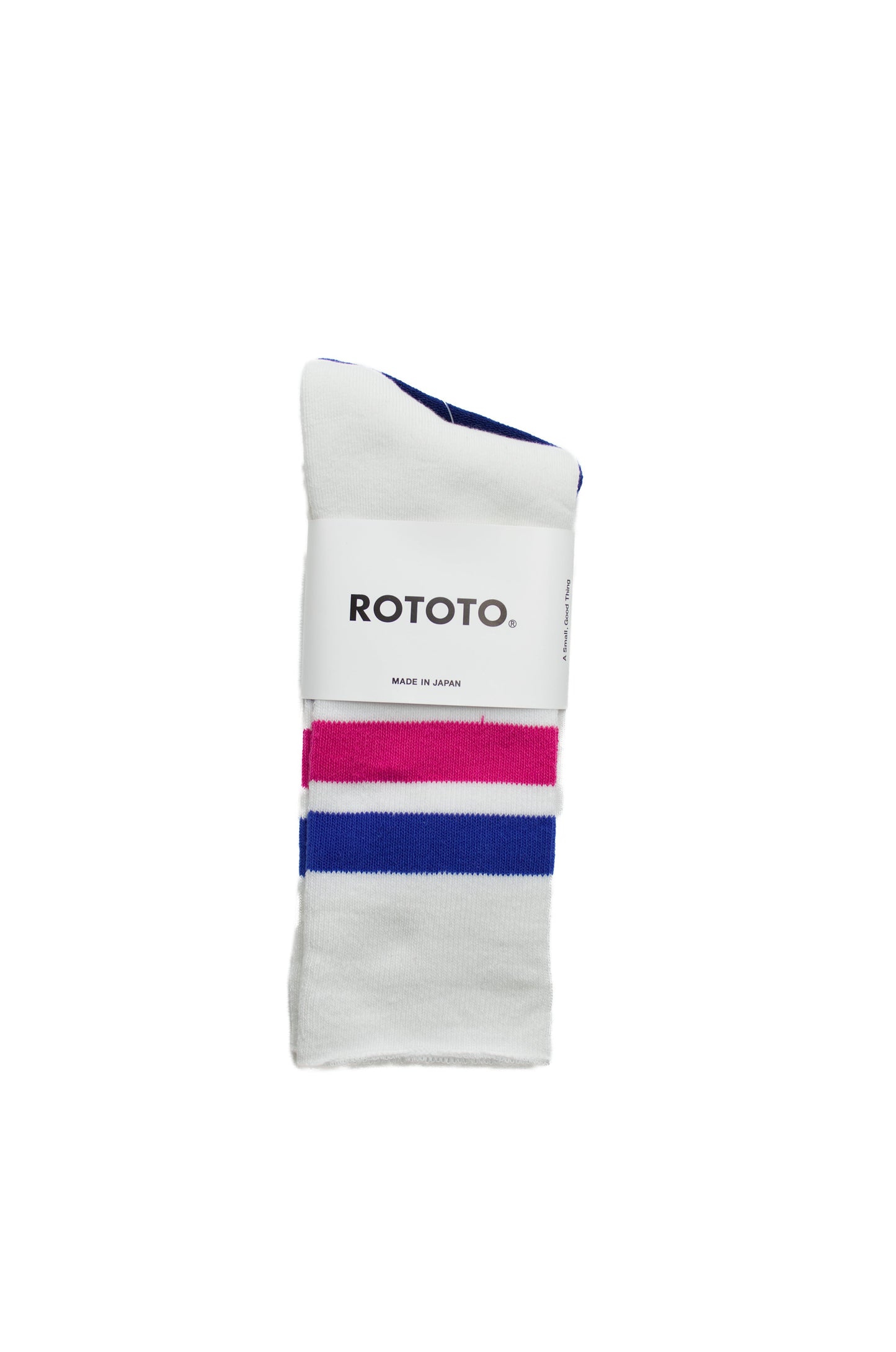 Rototo - Fine Pile Striped Crew Socks, White / Blue / Pink