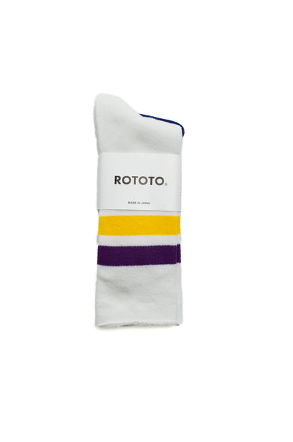 Rototo - Fine Pile Striped Crew Socks, White / Purple / Yellow
